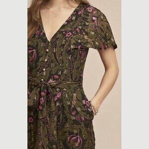 Anthropologie Ett:Twa Flutter Sleeve Floral Lined Metallic Gold Jumpsuit Sz 6